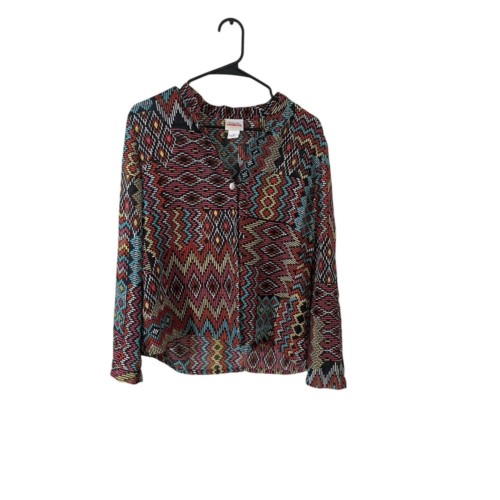 Ruby Rd. Size 8 Colorful Artsy Button Down Chiffon Top Chevron Size 8 Aztec